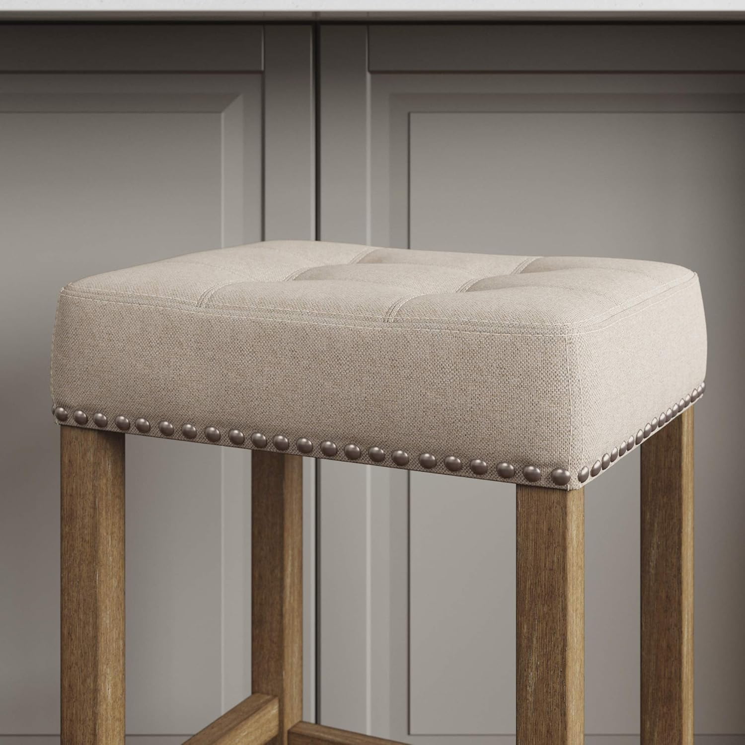 Nathan James Hylie Nailhead Wood Pub-Height Kitchen Counter Bar Stool 29", Natural Flax/Light Brown: Furniture & Decor