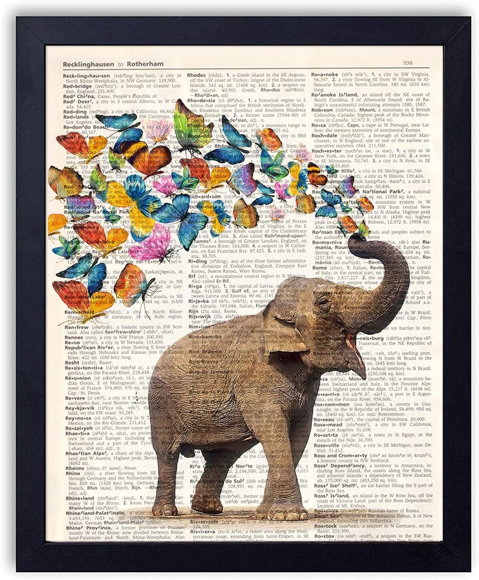Ihopes Elephant with Butterflies Vintage Book Art Print - 8x10 Unframed