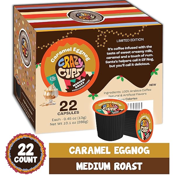 CRAZY CUPS EGGNOG FLAVORED COFFEE PODS, LIMITED TIME OFFER HOLIDAY BLEND COFFEE, SINGLE SERVE COFFEE FOR KEURIG K CUPS MACHINES, MEDIUM ROAST COFFEE IN RECYCLABLE PODS, 22 COUNT
