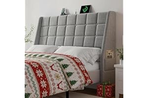 ONBRILL Ergonomic Upholstered Headboard Queen Size w/Charging Station, Linen Wingback Headboards w/Storage Pocket, Queen Headboard Only, Bed Frame Adapters, Sturdy Stable Solid Wood Bed Head Board, Light Grey