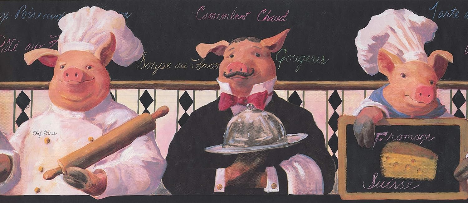 Concord Wallcoverings Restaurant Wallpaper Border Featuring French Chef and Waiter Pigs, Colors Pink White Black and Red, Size 11 Inches by 15 Feet KH5802B