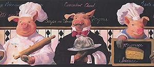 Concord Wallcoverings Restaurant Wallpaper Border Featuring French Chef and Waiter Pigs, Colors Pink White Black and Red, Size 11 Inches by 15 Feet KH5802B