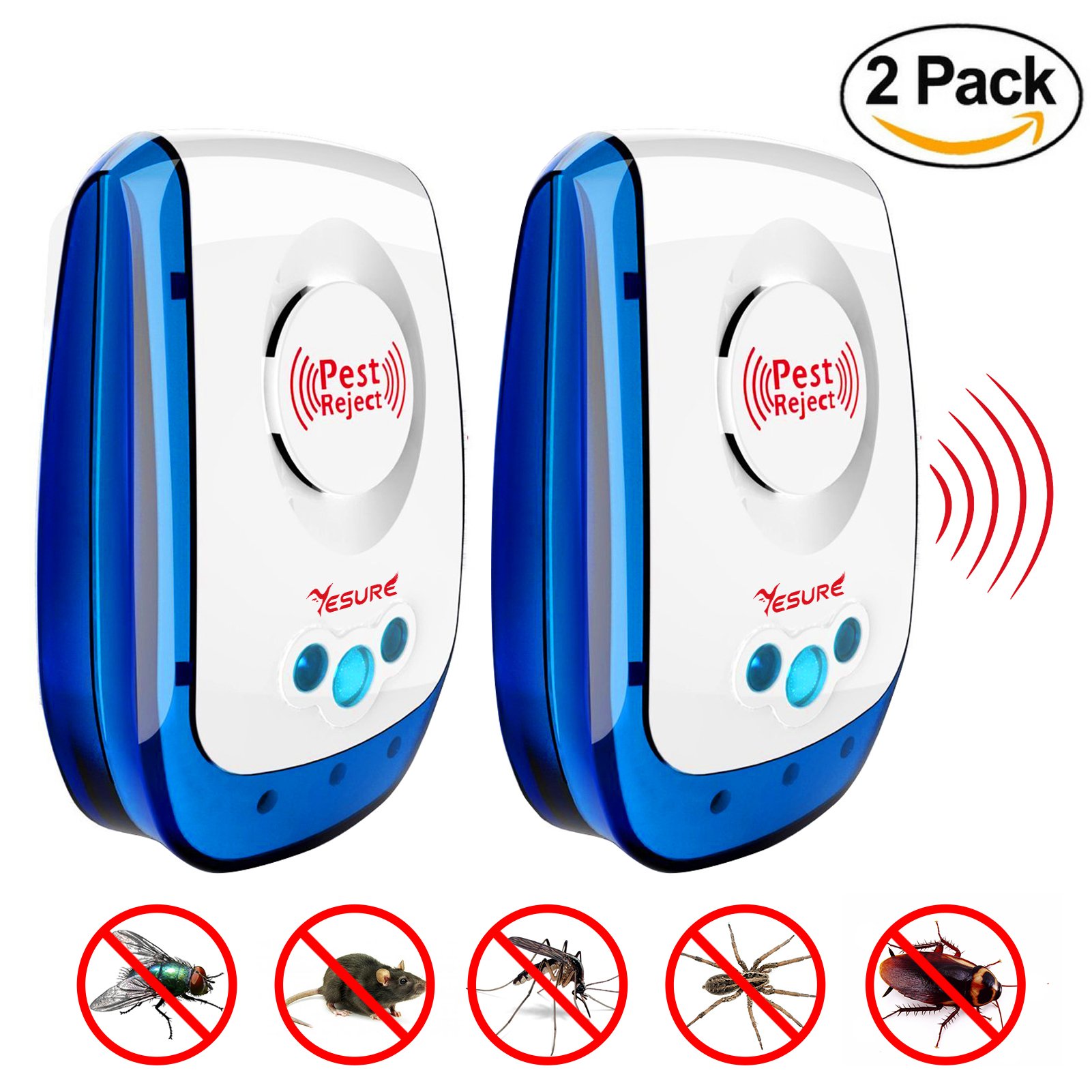 YESURE Ultrasonic Pest Repeller Electronic Insects Control Repels Mosquito Mouse Bug Rat Spider Flea Ant Repellent Nontoxic Safe for Humans and Pets 2 Pack
