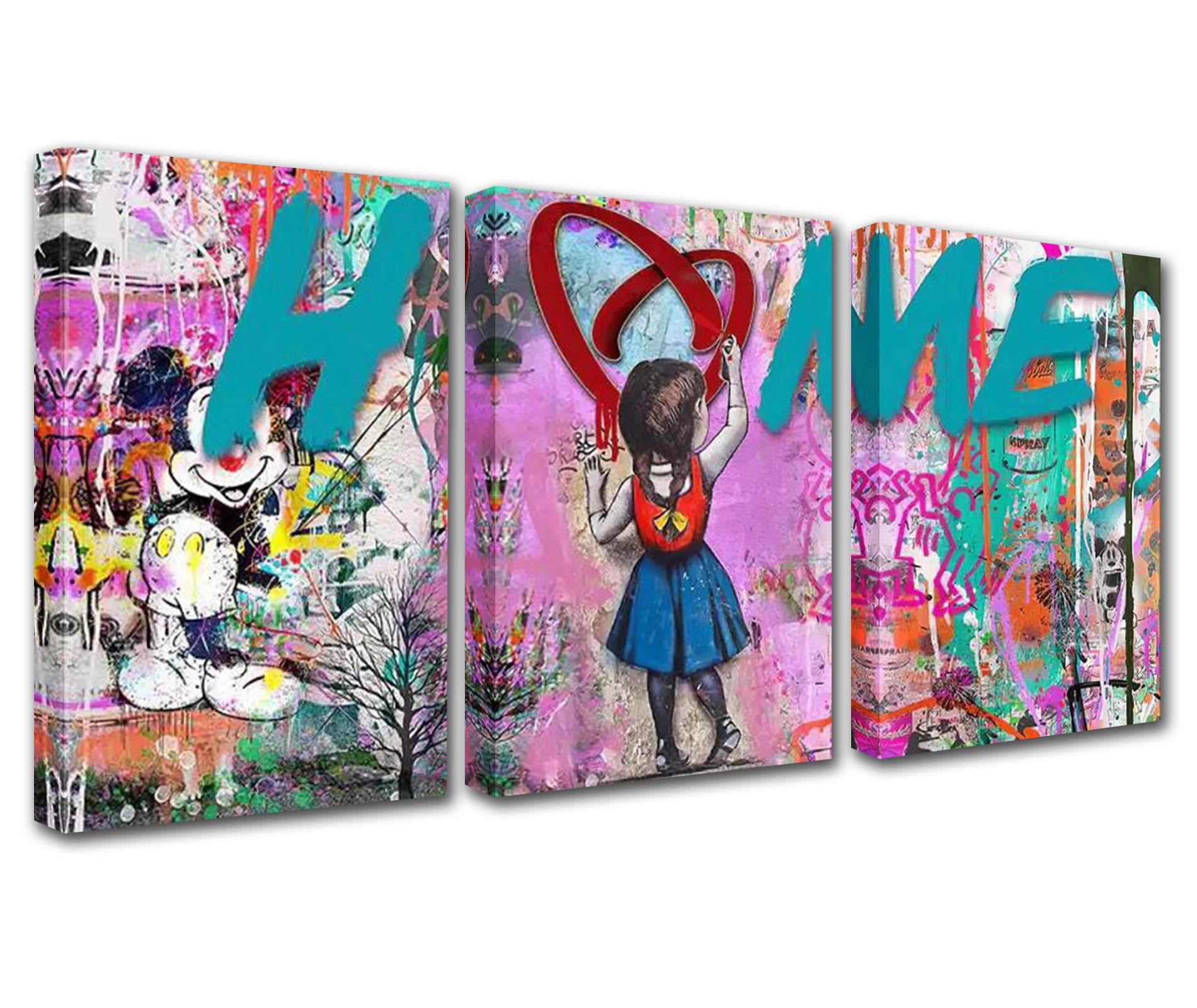 Walarky3 Pieces Graffiti Street Art Banksy Canvas Wall Art for Living Room Decor Lovely Girl Picture Print Pop Art Kitchen Wall Decor Abstract Artwork Home Decor Room Wall Pictures Framed 42x20 Inch — image 1
