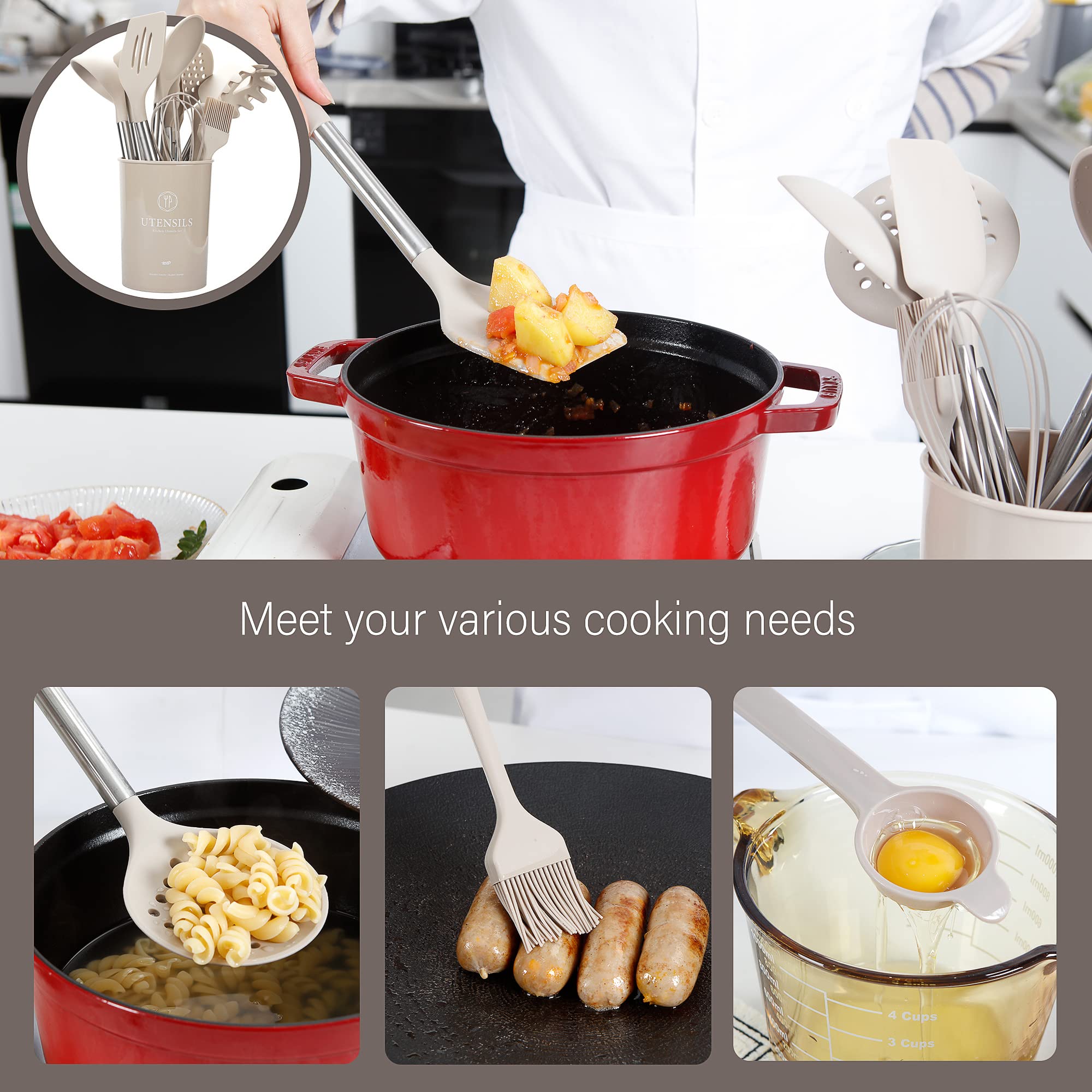 Silicone Cooking Utensils Set, 28 Pcs Kitchen Utensils Set for cooking, 446°F Heat Resistant Spatula Set, Food Grade Silicone and Stainless Steel Handle Kitchen Gadgets for Nonstick Cookware BPA Free