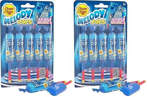 Chupa Chups Melody Pop, Blue Raspberry Flavor, Whistle Lollipops, Individually Wrapped Candy Suckers, 5 Count Pack (Pack of 2)