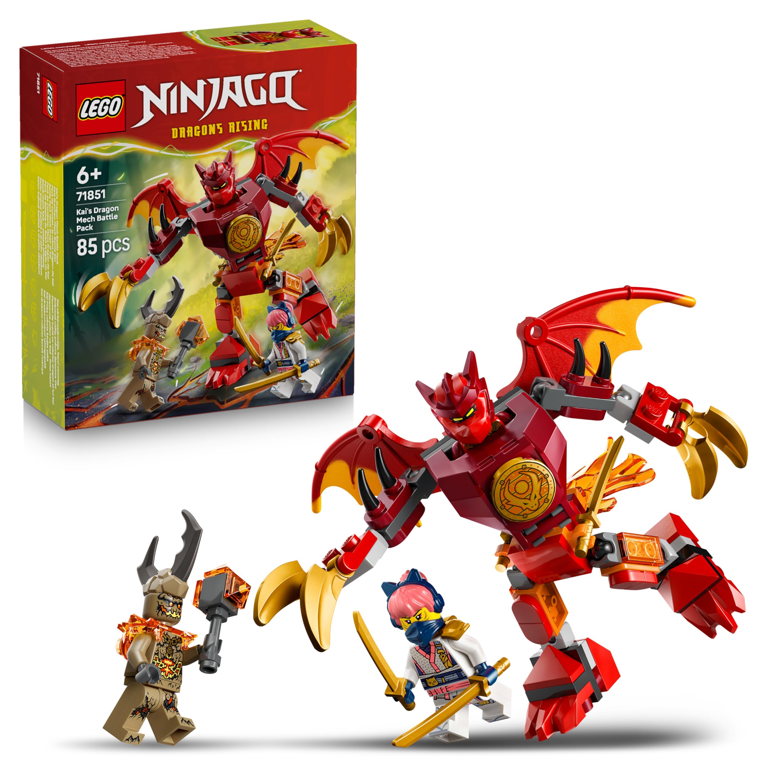 LEGO NINJAGO Kais Drachen-Mech Battle Set - Ninja Spielzeug für Jungen und Mädchen - Modellbau mit Actionfigur, 3 Minifiguren und Katanas - Geschenk für Kinder ab 6 Jahren - 71851