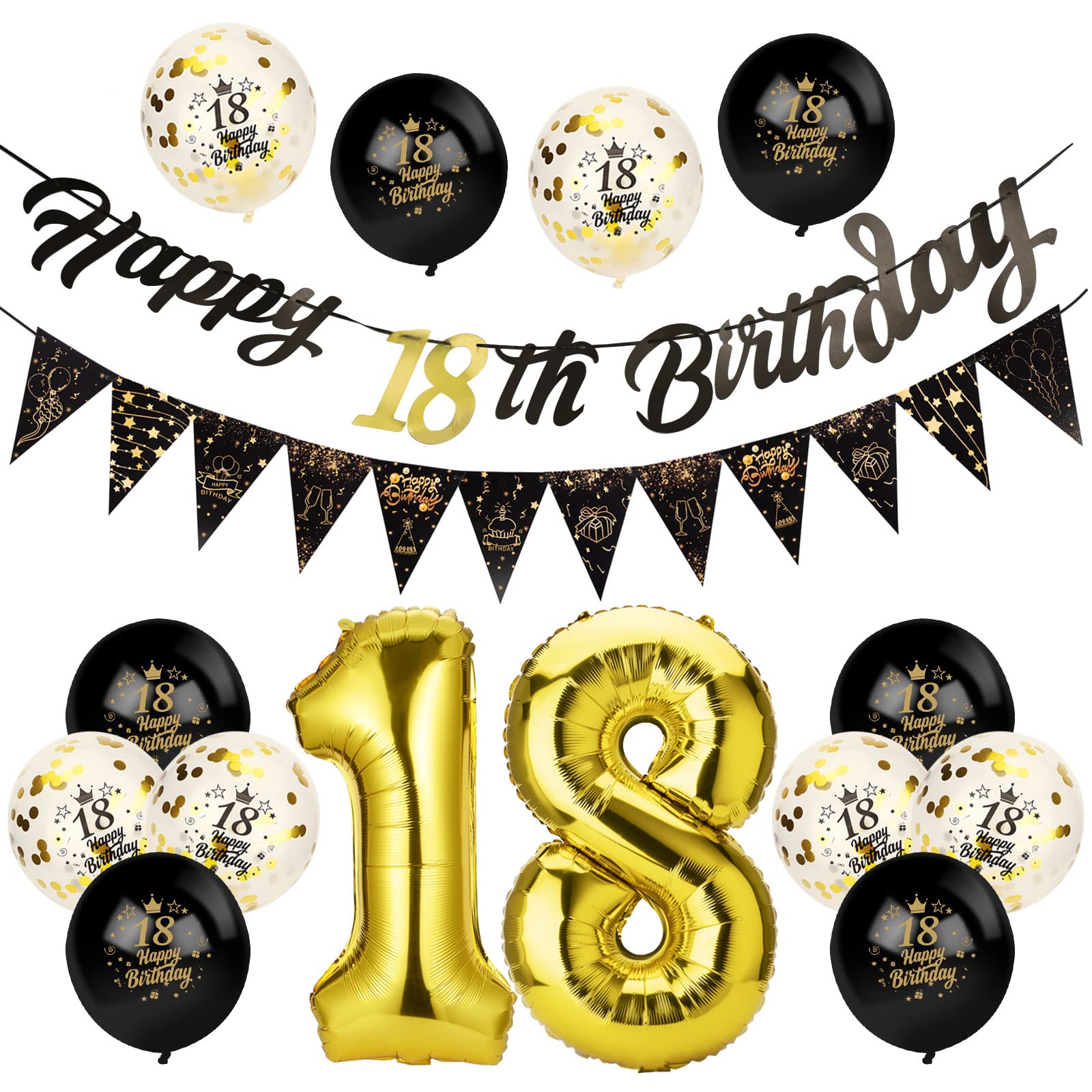 Afirbeone 18th Birthday Decorations Set - Black Gold Happy Birthday Banner, Triangle Flag Banner, Confetti & Aluminum Foil Balloons