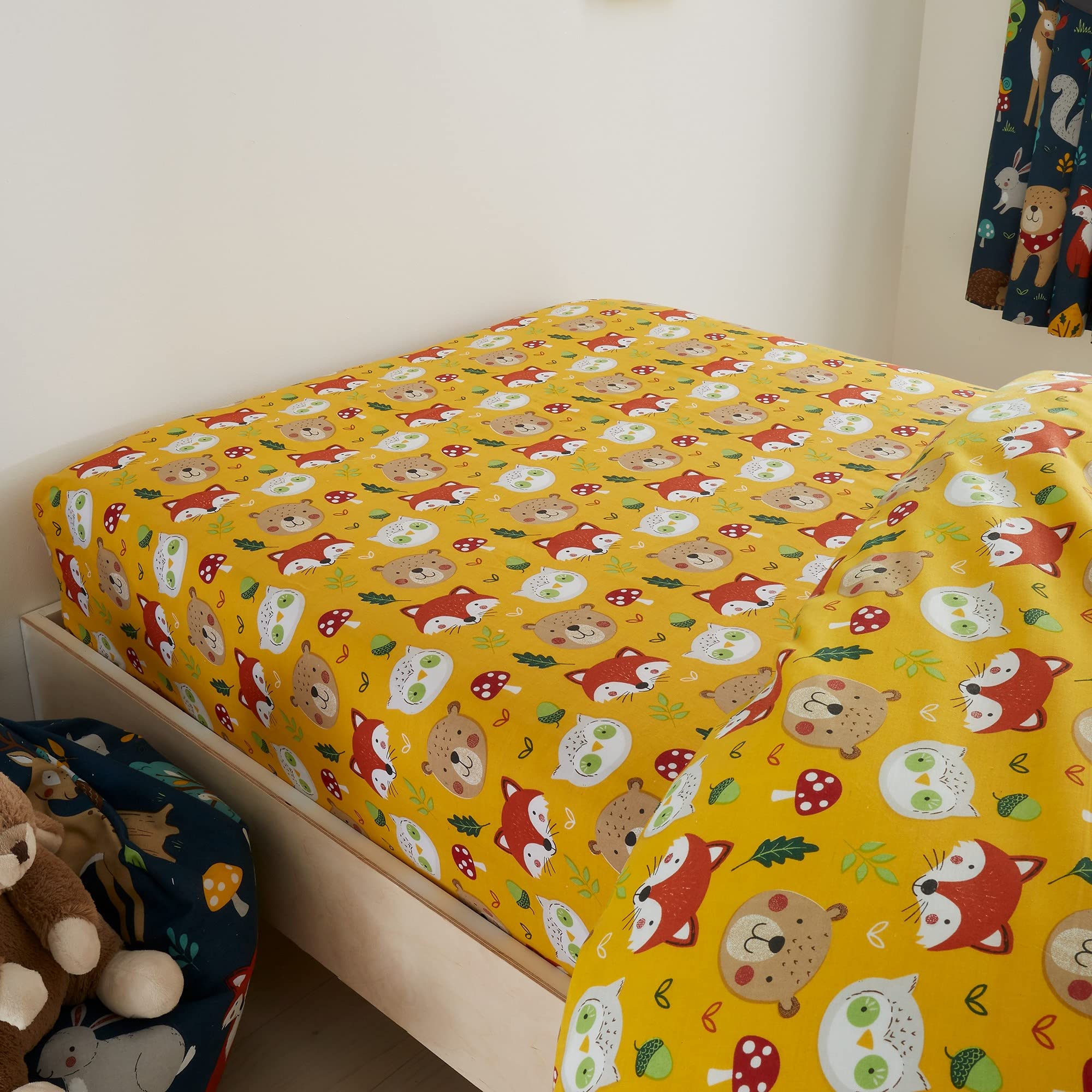 Happy Linen Company Girls Boys Kids Woodland Friends Animals Mustard Orange Double Fitted Sheet Bedding