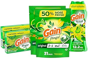 Gain Laundry Bundle: Gain Flings Laundry Detergent Pacs (2x35ct), Dryer Sheets (2x34ct), Fireworks Laundry Scent Booster Beads (14.8oz)