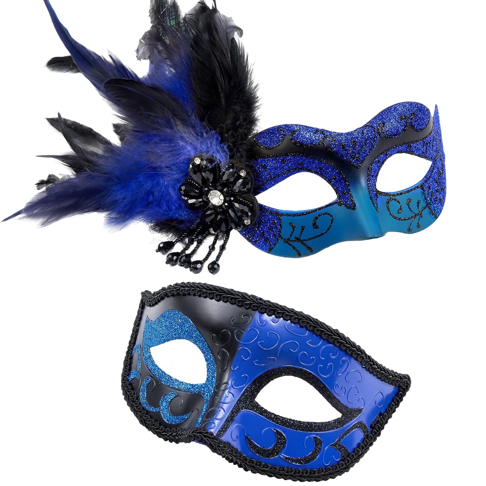 MYSEUNI 2025 New Feather Masquerade Mask for Couples Blue - Mascarade Ball Mask - Mens & Womens Masks for Masquerade Costume for Halloween Mardi Gras Cosplay Party