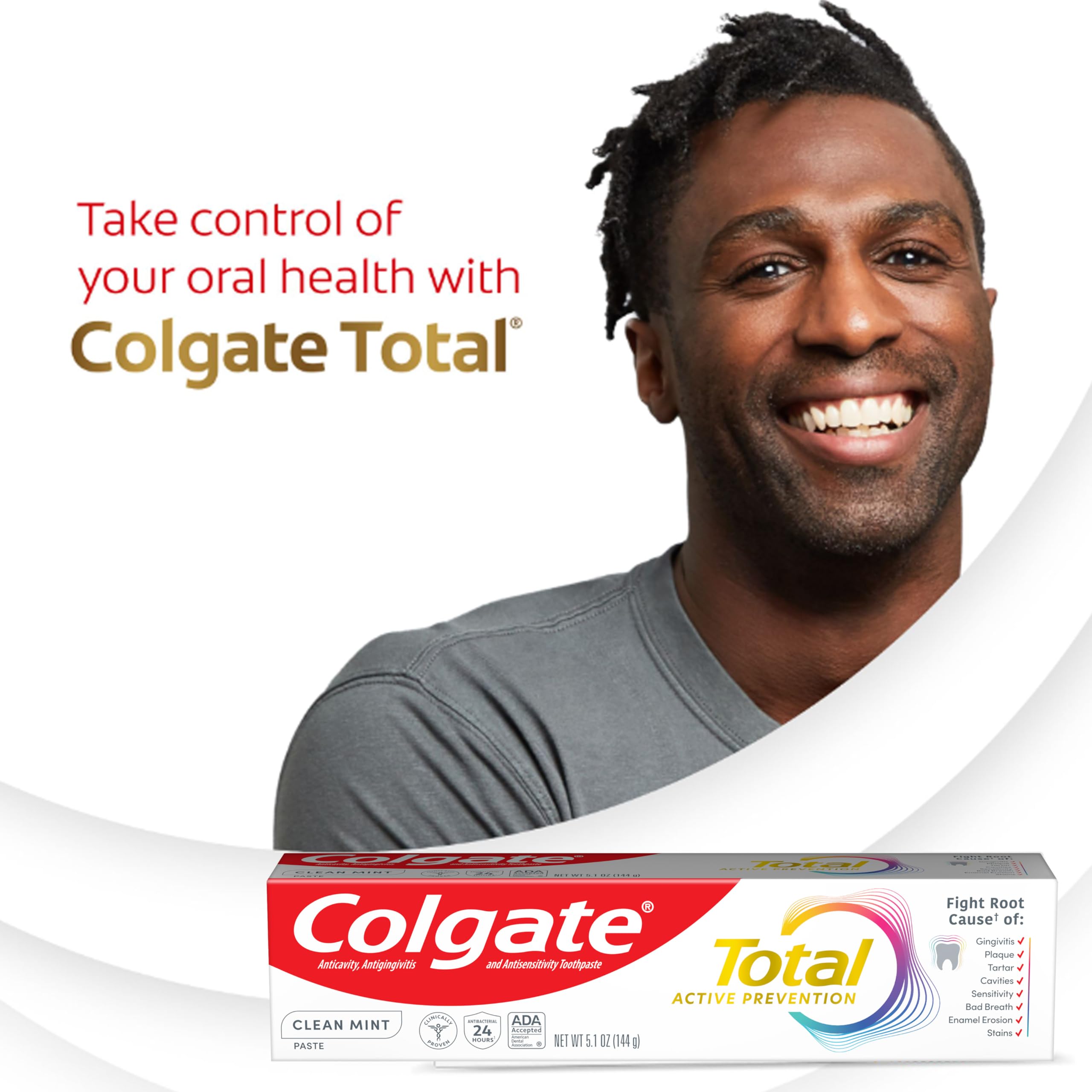 Colgate Total Clean Mint Toothpaste, 10 Benefits, No Trade-Offs, Freshens Breath, Whitens Teeth and Provides Sensitivity Relief, Clean Mint Flavor, 4 Pack, 5.1 Oz Tubes