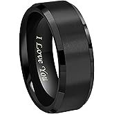 Crownal 4mm 6mm 8mm Black/Silver/Gunmetal/Gold Tungsten Wedding Couple Bands Rings Men Women Matte Brushed Finish Center Engraved "I Love You" Size 4 To 17