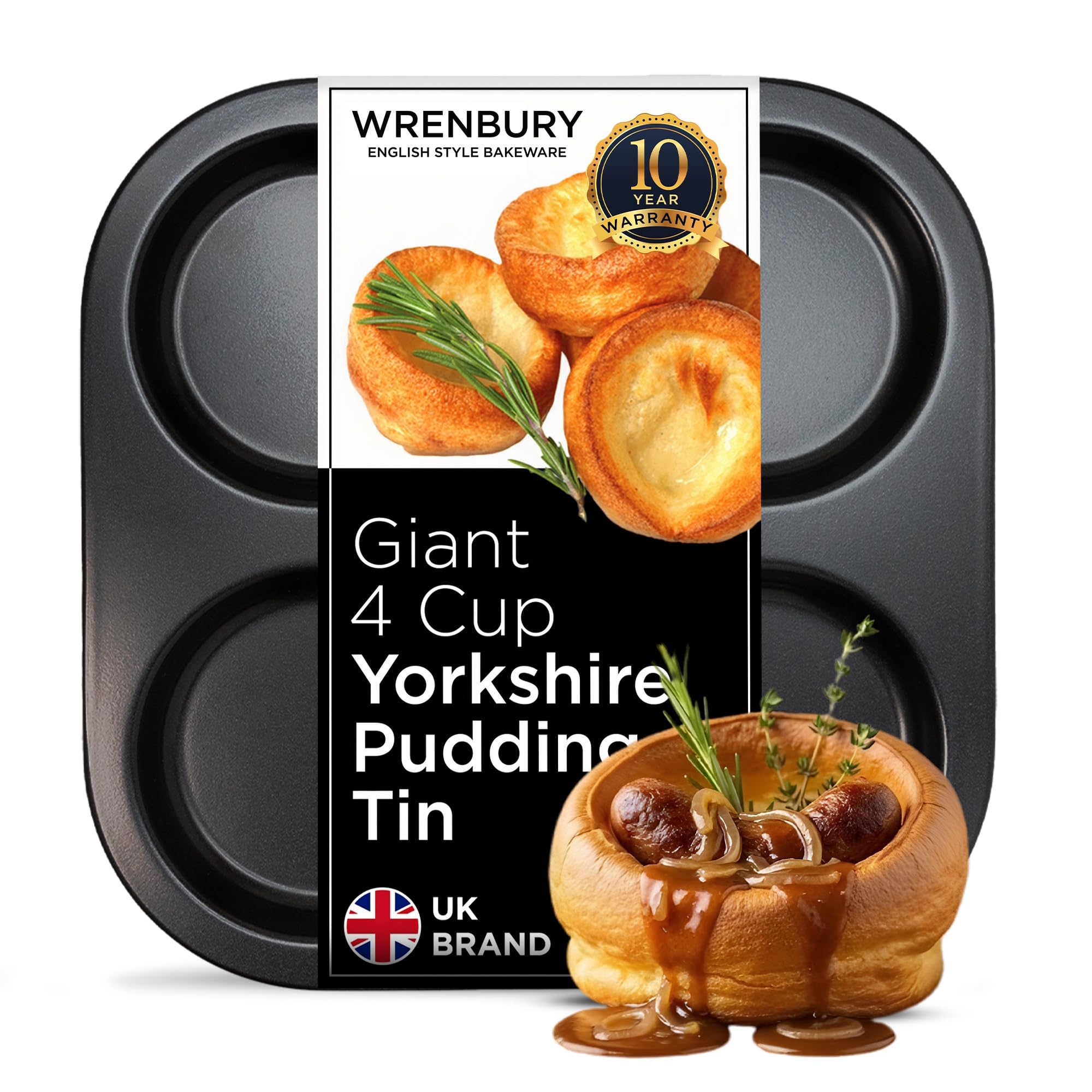 Wrenbury 4-Cup Yorkshire Pudding Pan - Non Stick, 10cm Giant Size, Heavy Carbon Steel, Oven Safe with 10 Year Guarantee