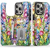 FUNMIKO for iPhone 15 Pro Max Wallet Case with Card Holder + Cash Clip, RFID-Blocking, Military-Grade Drop Protection & UV-Printed Artwork, Magnetic Closure with Kickstand - Vibrant Flower Portrait