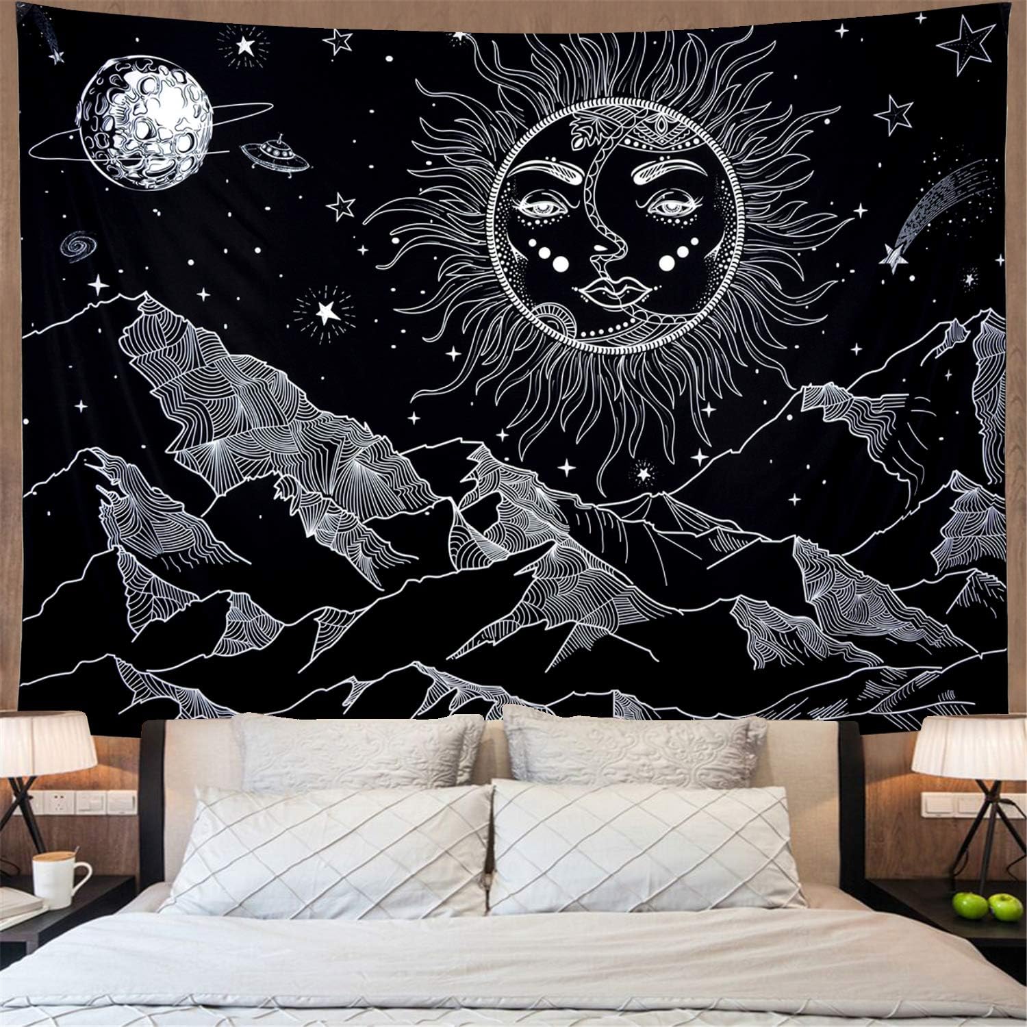 Black and White Tapestry Burning Sun Tapestry Mountain Tapestry Psychedelic Moon Stars Tapestry Wall Hanging for Bedroom H51×W59
