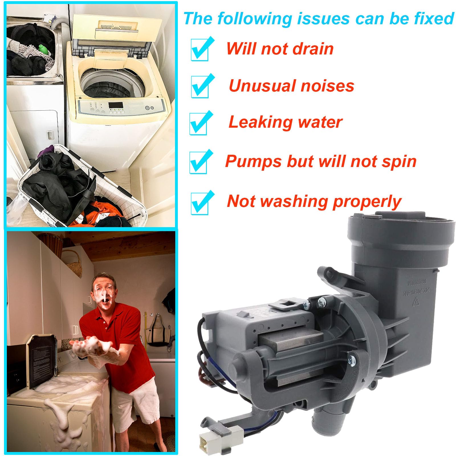 WPW10605427VR, W10425238 Washer Drain Pump Compatible with Whirlpool, Maytag WFW72HEDW0, WFW8540FW1, MHW3505FW1, 7MMHW5500FC0, WFW75HEFW0,MHW6000AG2, MHW4300DW0, WFW92HEFW, MHW5100DW0, 7MWFW81HEDW0