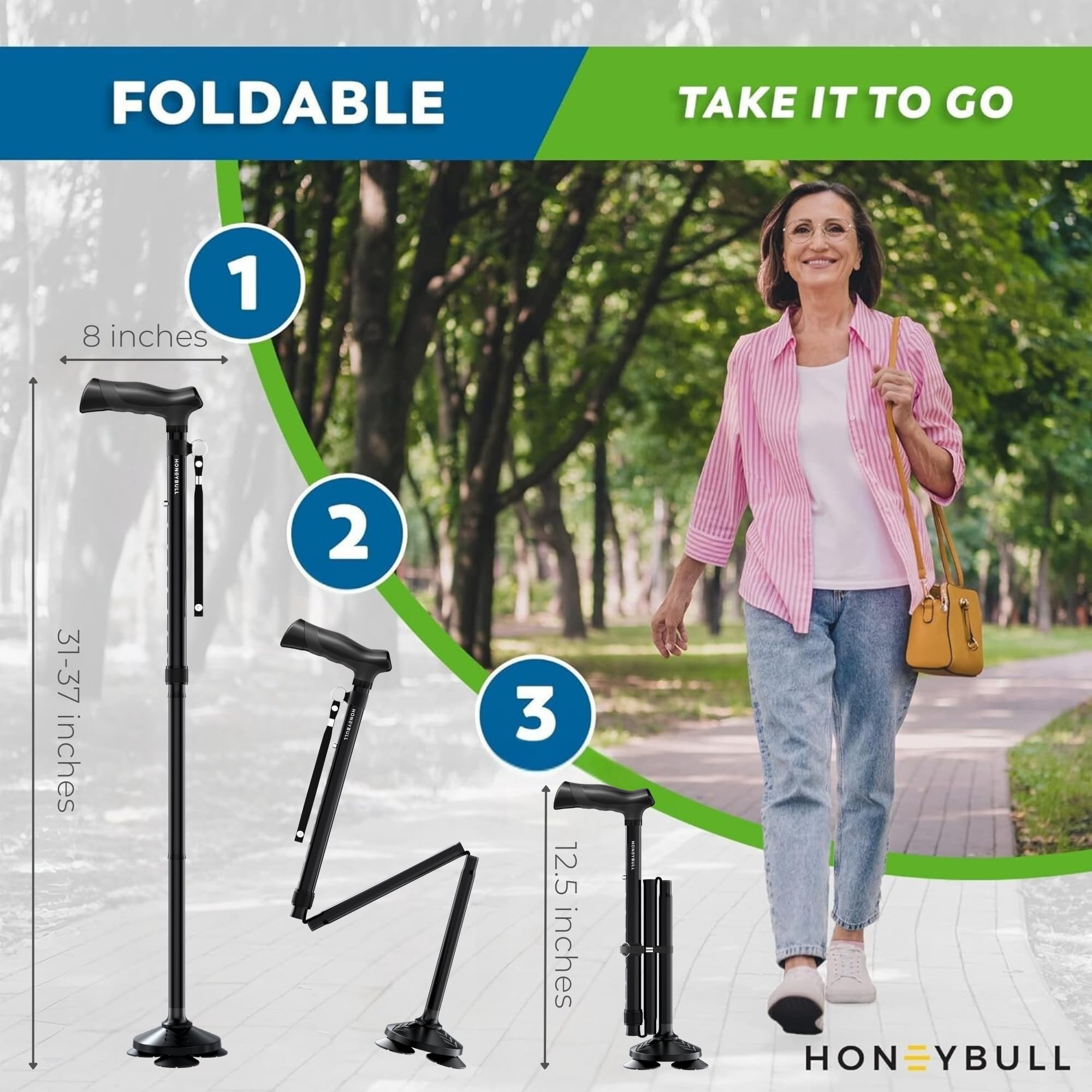 HONEYBULL Walking Cane for Men & Women - Foldable, Adjustable, Collapsible, Free Standing Cane, Pivot Tip, Heavy Duty | Walking Sticks, Folding Canes for Seniors & Adults (Black, Pivot Cane)