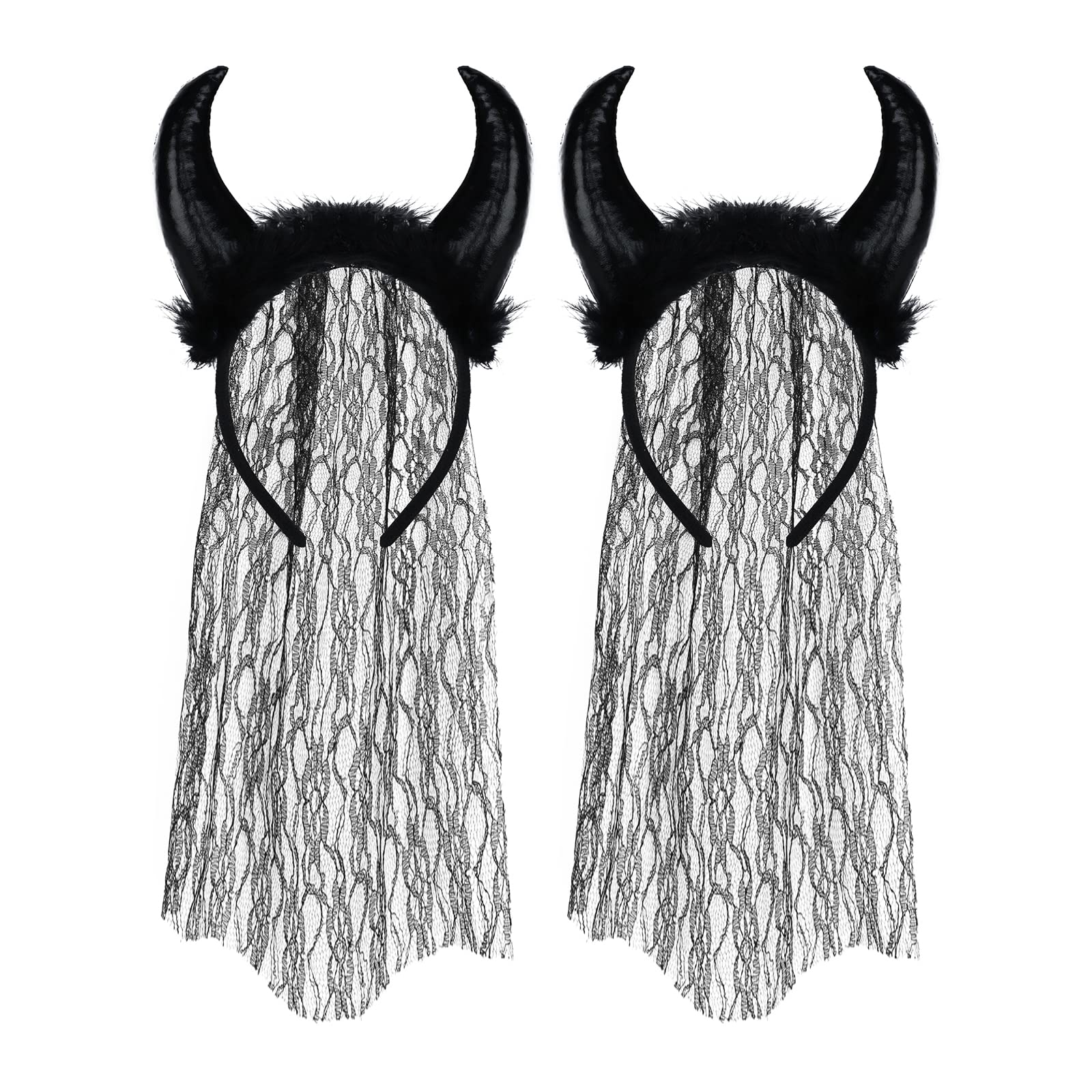 2Pack Halloween Devil Horn Headband with Veil Black Devil Ears Hair Band Horn Headpiece Cosplay Fancy Dress Costume Fascinator Party Favour Props Headdress for Carnival Halloween Party Dress Up