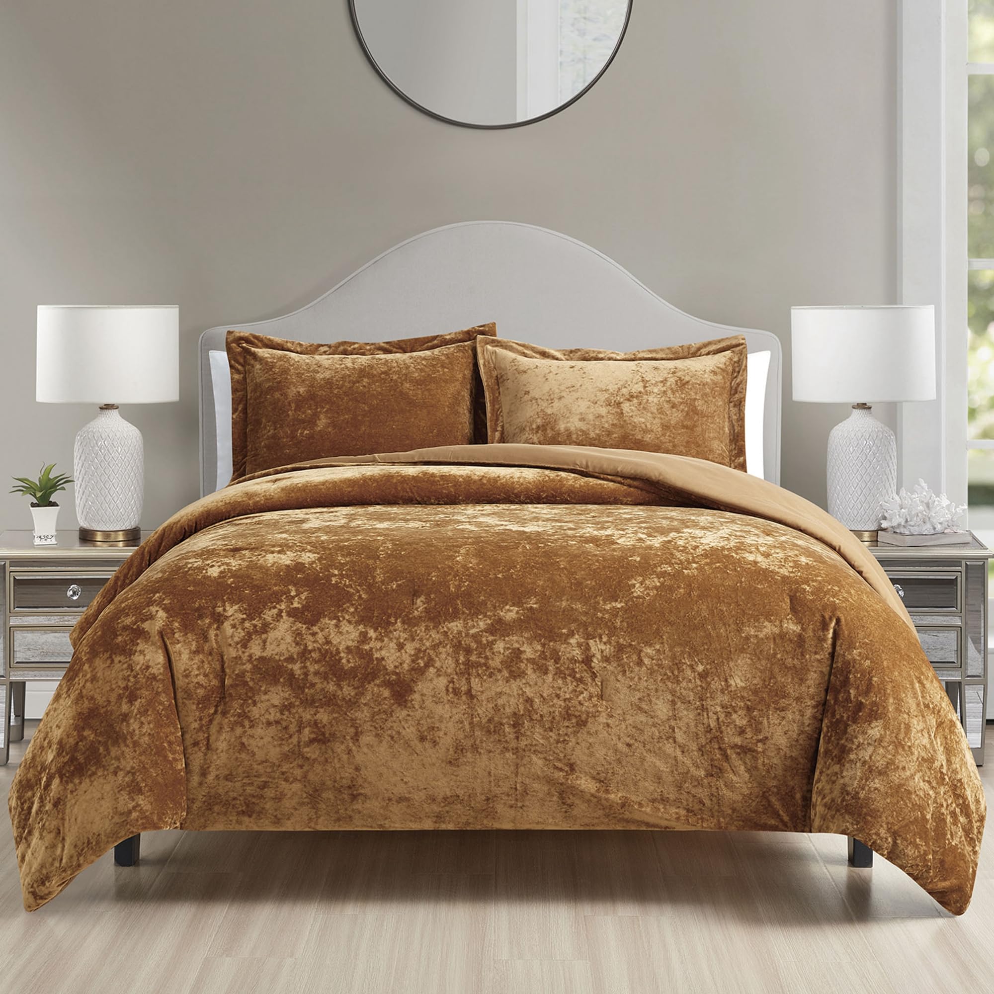 Photo 1 of HUMESIIL Luxury Velvet King Size Comforter Set, 3 Pieces Reversible Brushed Solid Microfiber Back, All Season Cozy, Soft, Warm(Caramel Gold,104x90 in)