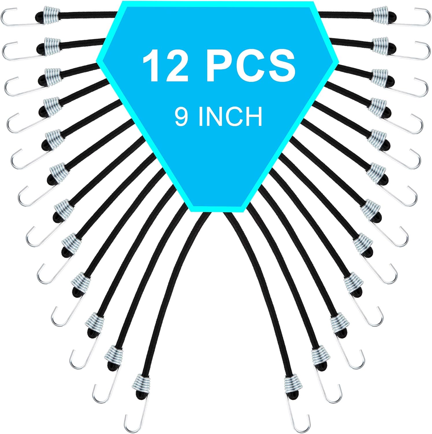 SONKERG 12Pcs Bungee Cords, 9 Inch Premium Rubber Stretchy Bungee Cords with Hooks for Bikes, Camping, Tools, Carrying and 0rganizing Things. (Black) - - 