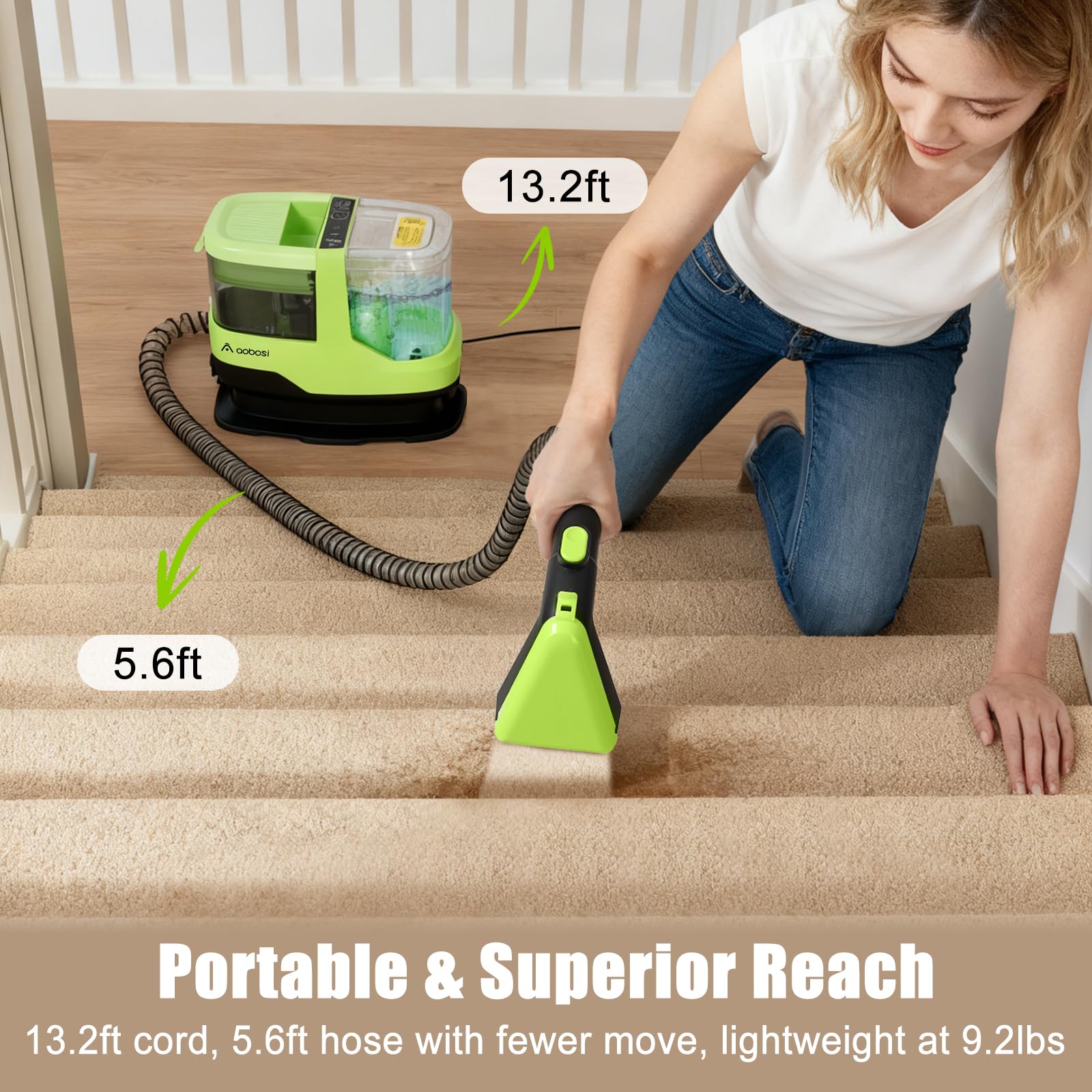 AAOBOSI Portable Carpet Cleaner Machine, 17Kpa Upholstery Steam Cleaner with Smart Voice Prompting, Self-cleaning, 4 Tools for Pets, Car, Couch and Stairs- C688, Green