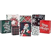 Hallmark Assorted Christmas Gift Bag Bundle (8 Bags: 2 Small 5", 3 Medium 8", 3 Large 11") Classic Santa, Black and Red Plaid, Snowflakes, Holly