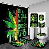 Jayden Madge 4PCS Green Yellow Red Maple Leaf Shower Curtain Set, Cool Inspirational Quotes Bathroom Decor for Teens, Non-Slip Bath Mat Toilet Rug, in A World Full of Roses