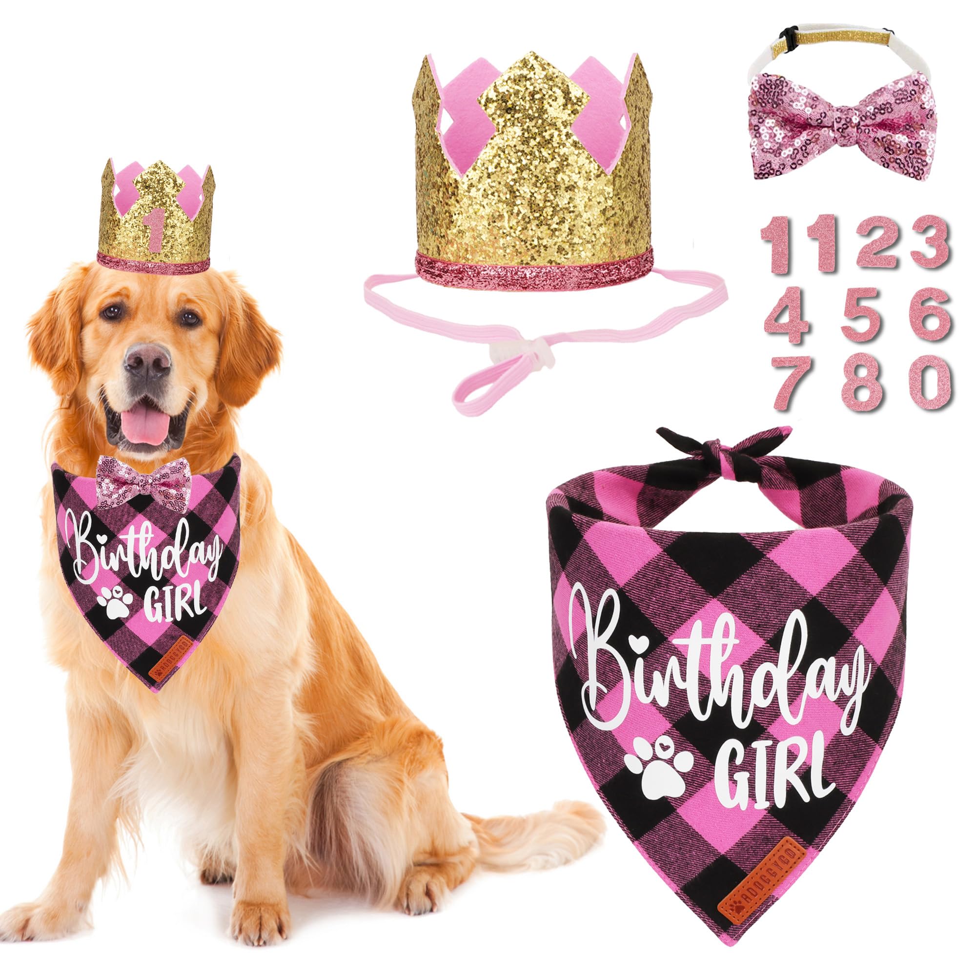 Photo 1 of ADOGGYGO Dog Birthday Party Supplies, Pink Plaid Birthday Girl Dog Bandana, Golden Pet Party Hat with Numbers, Bowtie for Extra Large Pets (X-Large)