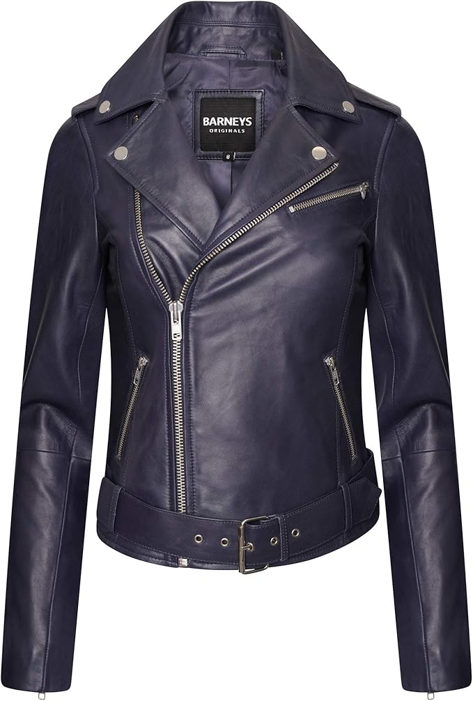 Barneys Originals Women’s Navy Real Leather Asymmetric Biker Jacket