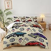 lneffble Race Car Comforter Set - Twin Size Vintage Bedding for Boys, American Flag Comforter Set, Cars Themed Bedroom Decor
