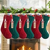 Minetom Personalized Christmas Stockings - 18” Large Knitted Xmas Stocking with DIY Snowman Wooden Name Tag, 6 Pack Hanging Family Stockings for Kids Mantels Christmas Holiday Decor, Red and Green