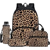 Jndtueit Leopard Spots Girls Boys Lightweight Backpack with Lunch Box, Cheetah Skin Kids BookBag 4 Set Rucksack, Brown Black Water Bottle Holder Pencil Bag for Teens