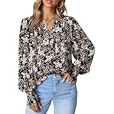 Dokotoo Women's Casual V Neck Easel Floral Print Long Sleeve Blouses Smocked Button Down Shirts Bohemian Top