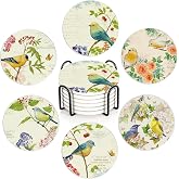 Coaster for Drinks Set of 6, Vintage Watercolor Bird Flower Absorbing Round Ceramic Stone Coaster with Cork Base,Tabletop Protection Mat for Mugs and Cups,Coffee Table Wine Glass Home Bar 4 Inch
