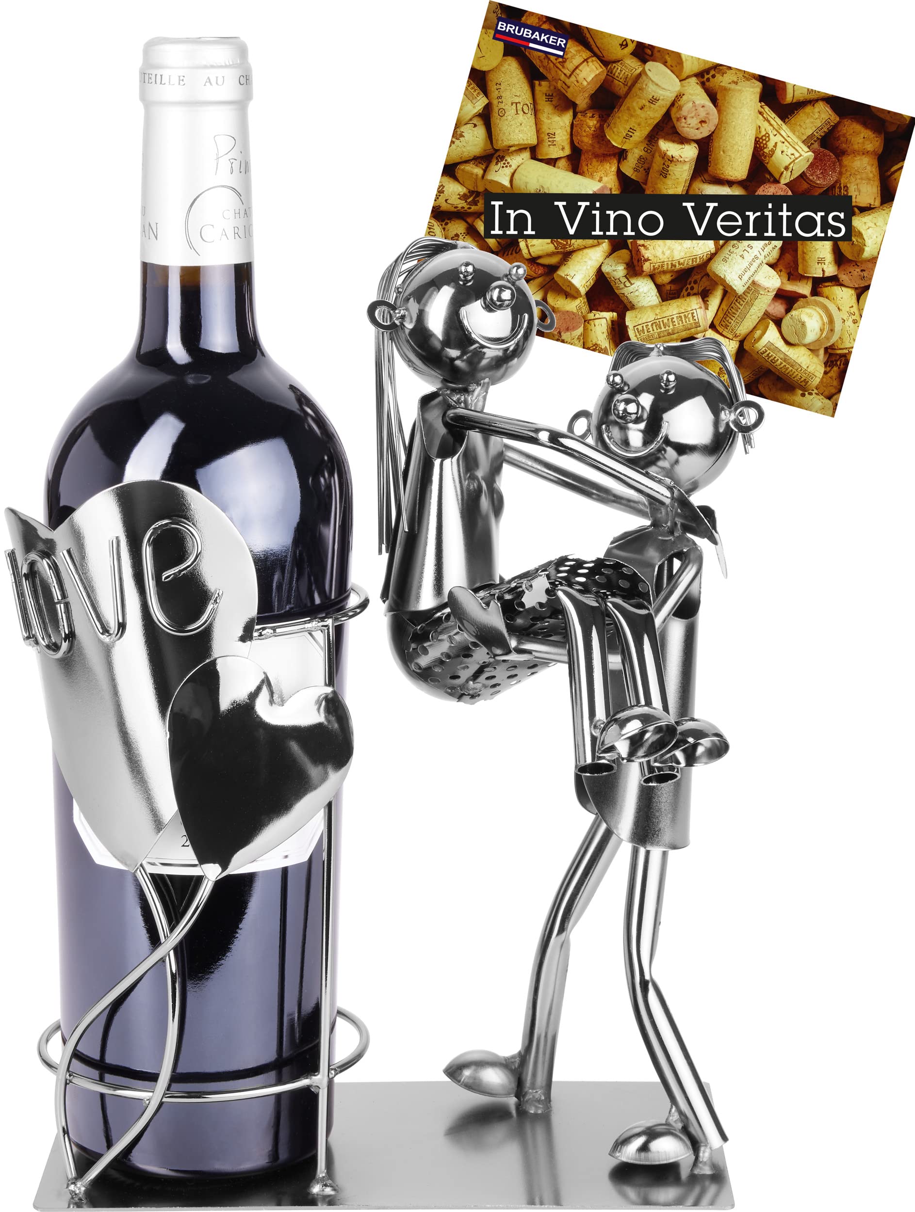 BRUBAKER Bottle Holder 'Lovers with Hearts' Metal Sculpture - including Greeting Card!