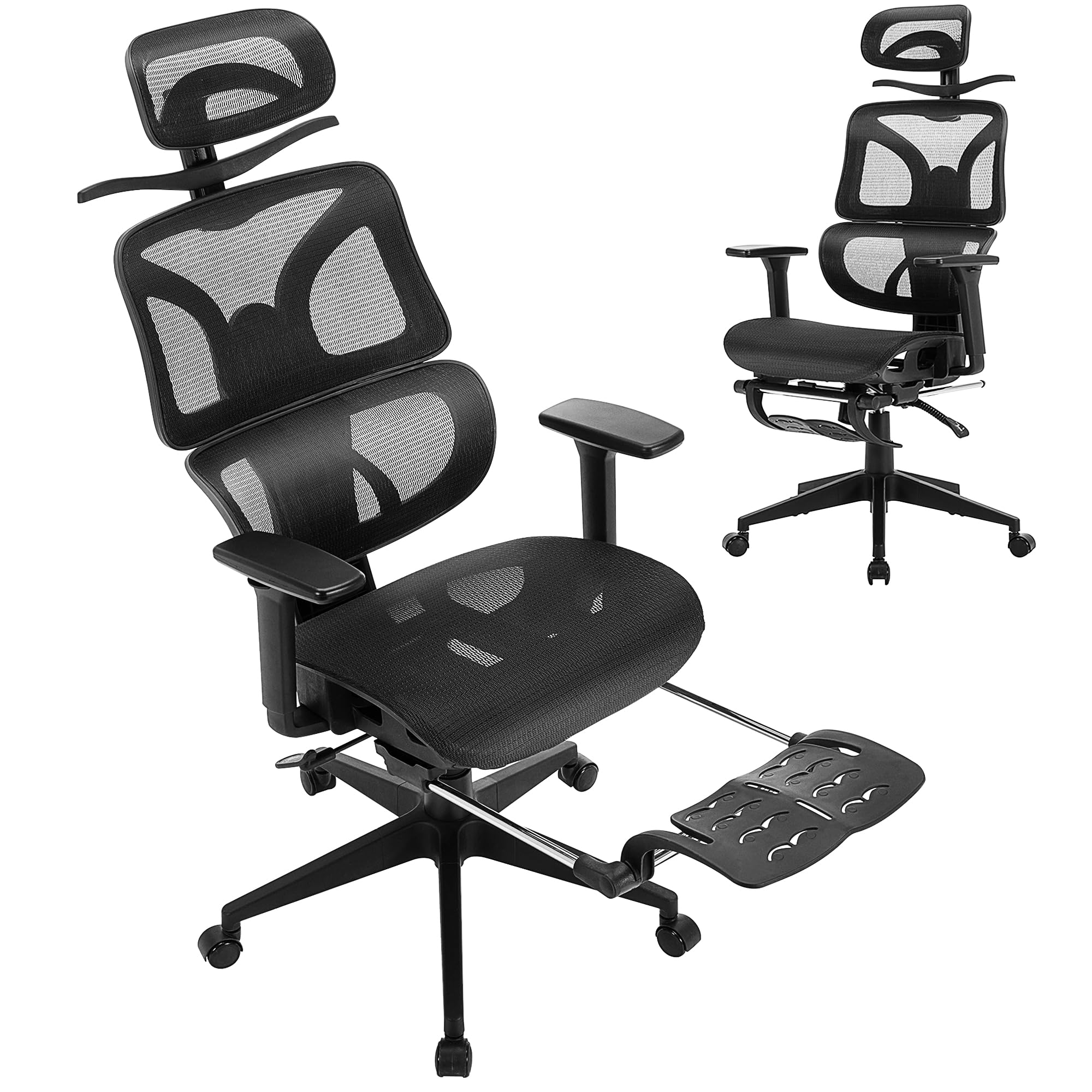 Photo 1 of VECELO Swivel Ergonomic High Back Mesh Office Chair with Retractable Footrest, Adjustable Backrest, Tilt Function, 3D Armrests & Headrest, Lumbar Support for Computer Desk/Task Work, Jet Black