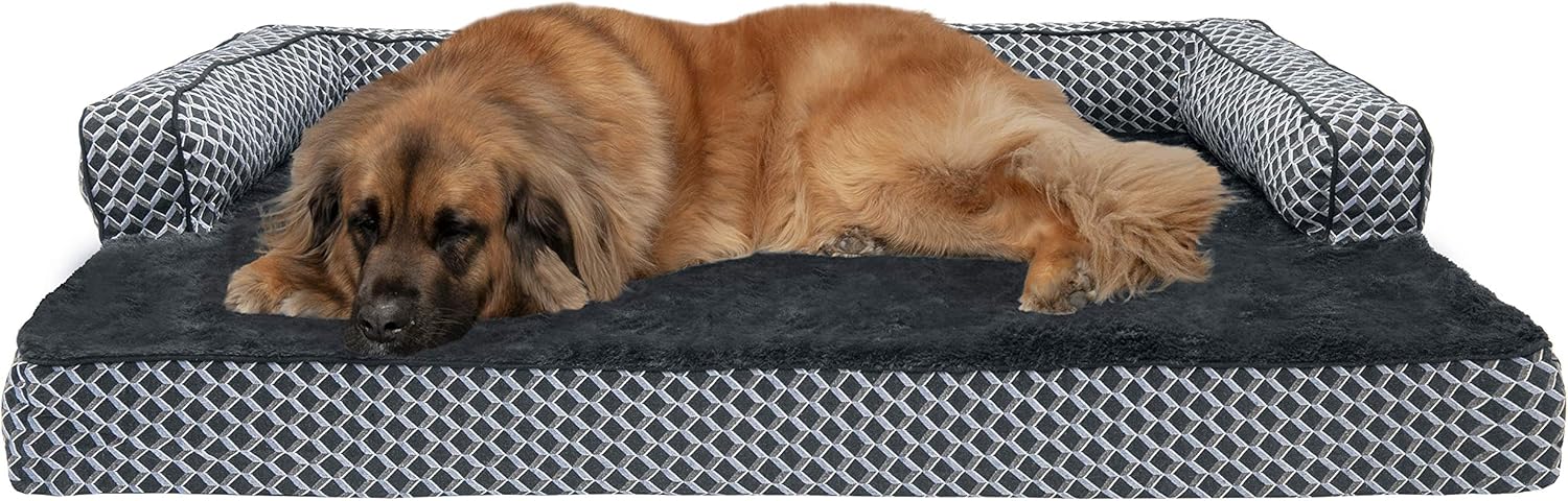 Furhaven Pet Dog Bed - Cooling Gel Memory Foam Plush Faux Fur and Décor Comfy Couch Traditional Sofa-Style Living Room Couch Pet Bed with Removable Cover for Dogs and Cats, Diamond Gray, Jumbo Plus : Pet Supplies