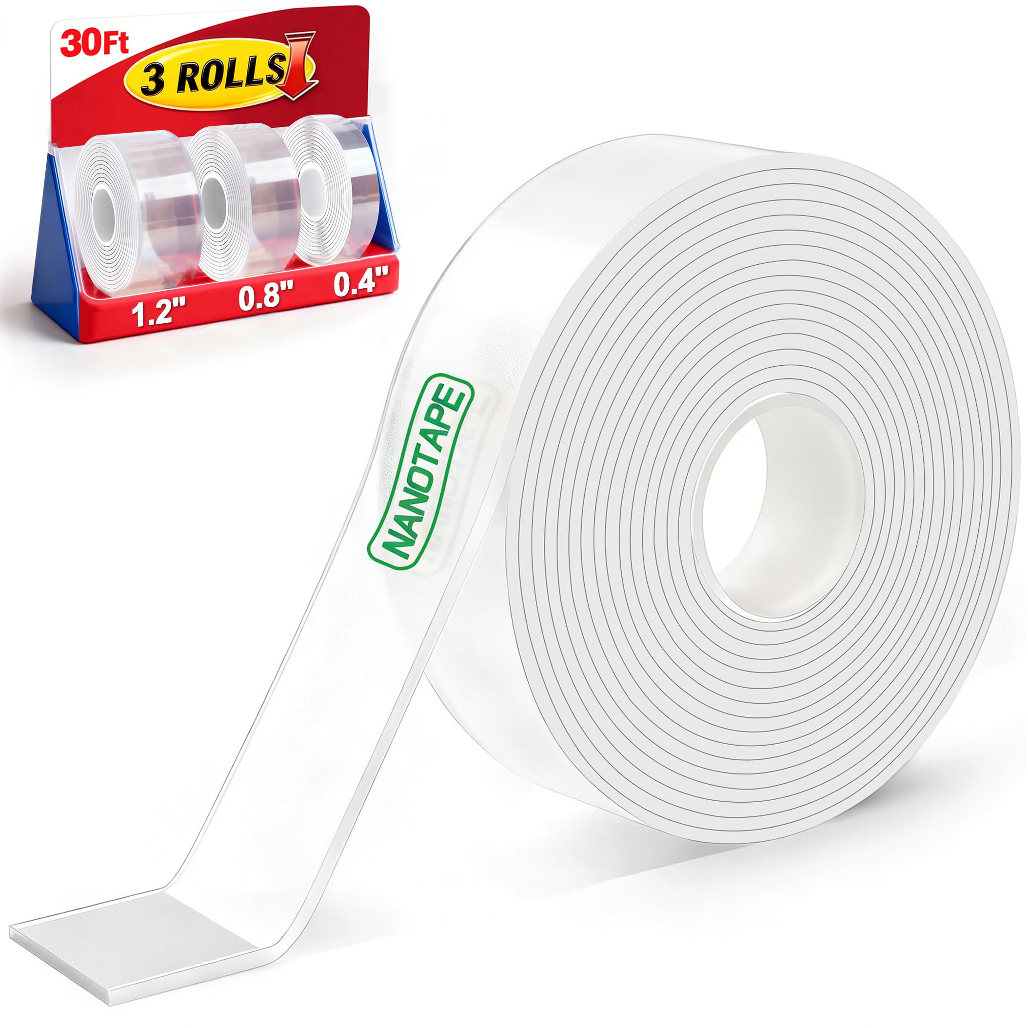 Photo 1 of 3 Rolls Double Sided Tape Heavy Duty - Total 30FT, Extra Strong Nano Tape Adhesive Strips Filament Tape, Clear Mounting Tape Removable Two Sided Adhesive Tape for Walls, Posters, Rug, Picture Hanging