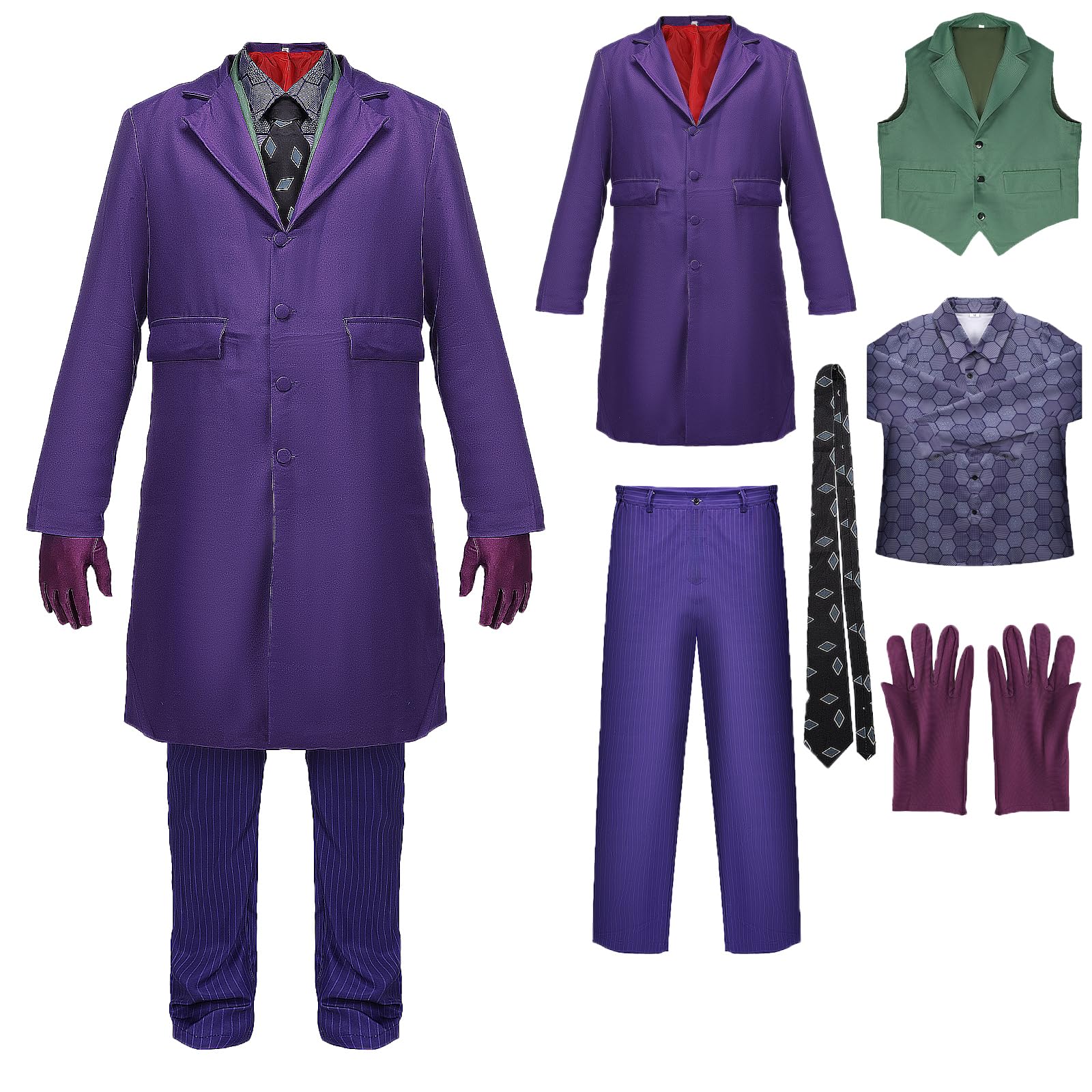 AENEY Purple Clown Costume for Adult Mens, 7PCS Clown Outfits Cosplay Halloween Purple Suit with Jacket Tie Pants Coat Gloves Party Accessories (Adults, XLarge)
