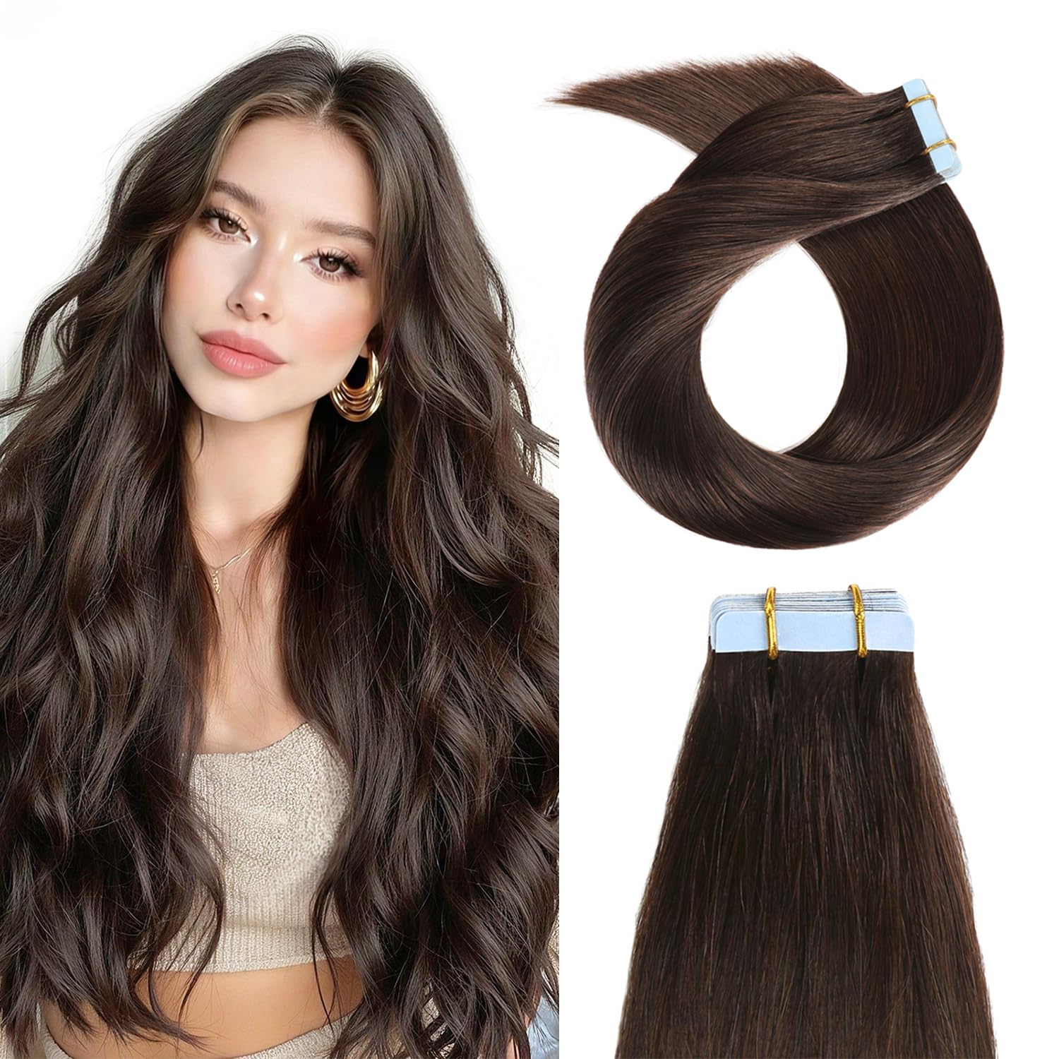 YILITE Tape in Extensions Human Hair Brown Real Hair Extensions Tape in 18 inch Salon Invisible Straight Skin Weft For Women Seamless #2 Darkest Brown 20pcs 50g/pack