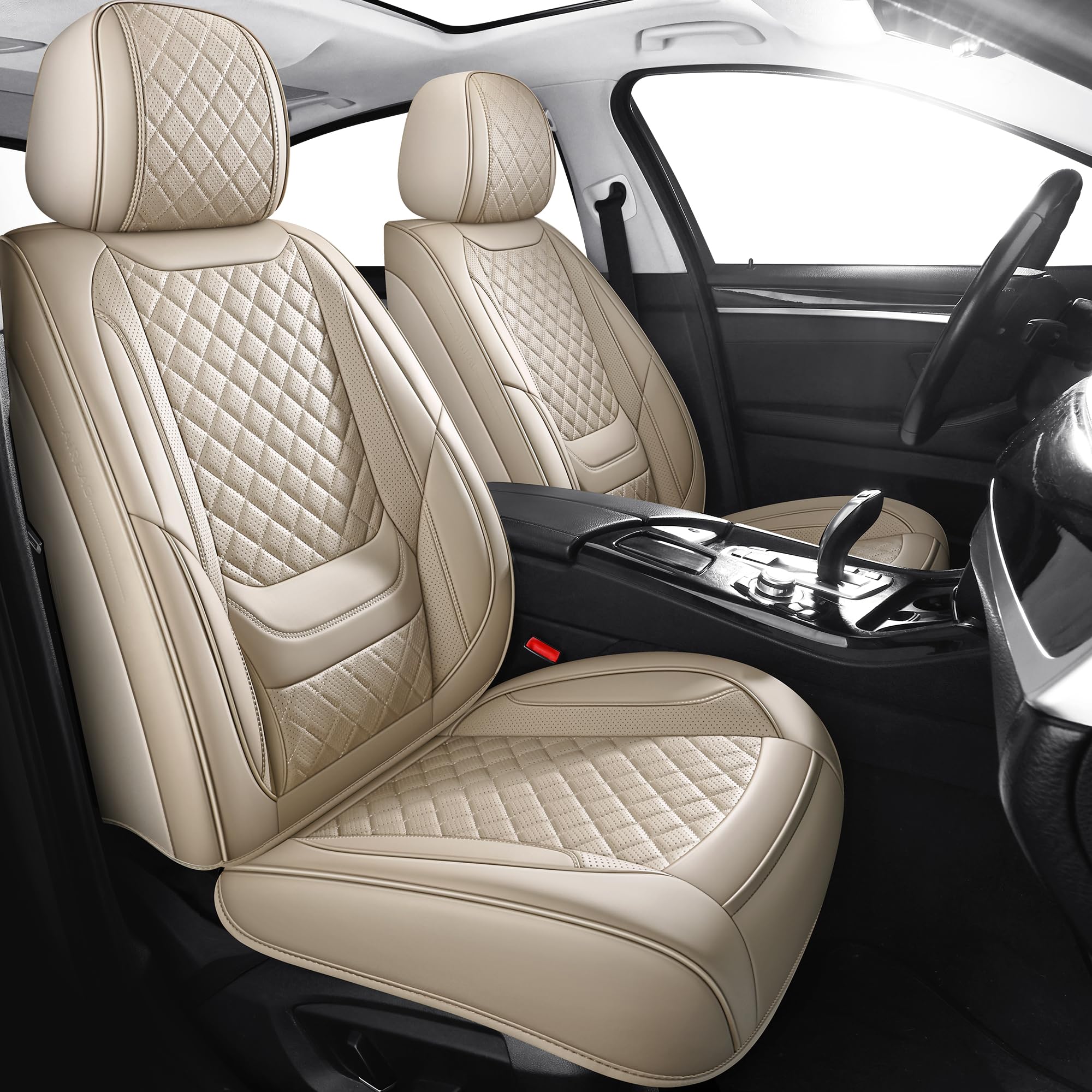 Chezope Automotive Car Seat Covers Front Pair Set Universal Fit for Most Cars SUV Sedans Trucks Waterproof Leatherette Car Seat Covers Accessories (Beige, Front Pair Beige)