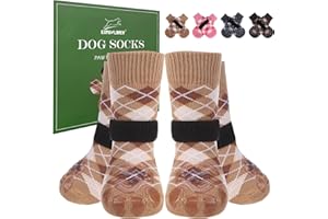 EXPAWLORER Dog Socks to Prevent Licking Paws,Dog Shoes for Hot Pavement,4 Pcs Double Sided Anti Slip Dog Socks with Grippers,Dog Booties for Small Medium Large Senior Dogs,British Style,Khaki L