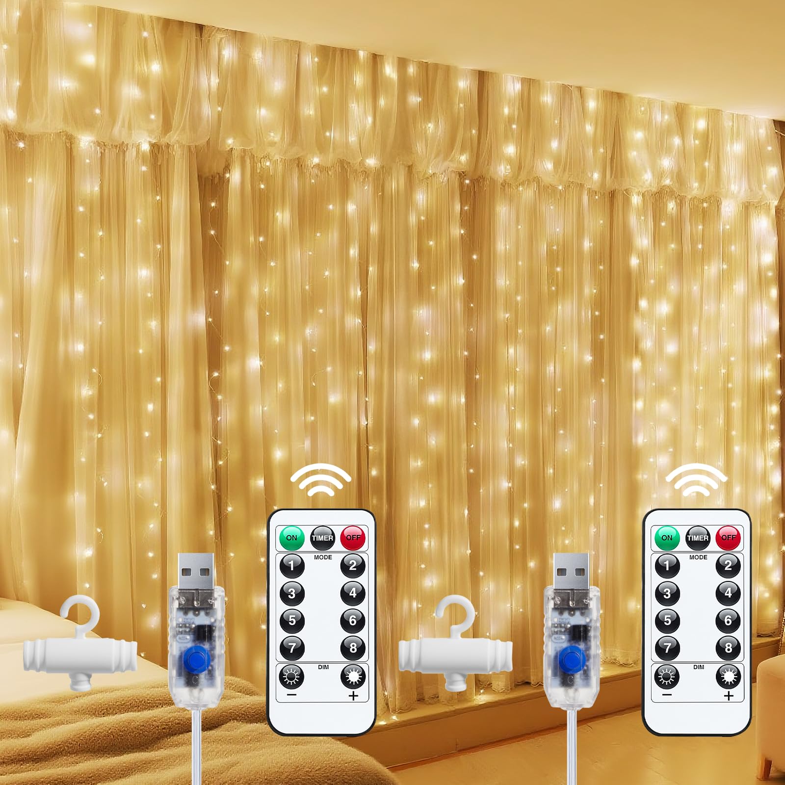 Photo 1 of Brightown 2 Pack 300 LED Fairy Curtain Lights, 9.8ft x 9.8ft Warm White Curtain String Lights, USB Plug in 8 Lighting Modes LED Christmas String Hanging Lights with Remote for Bedroom Indoor Outdoor