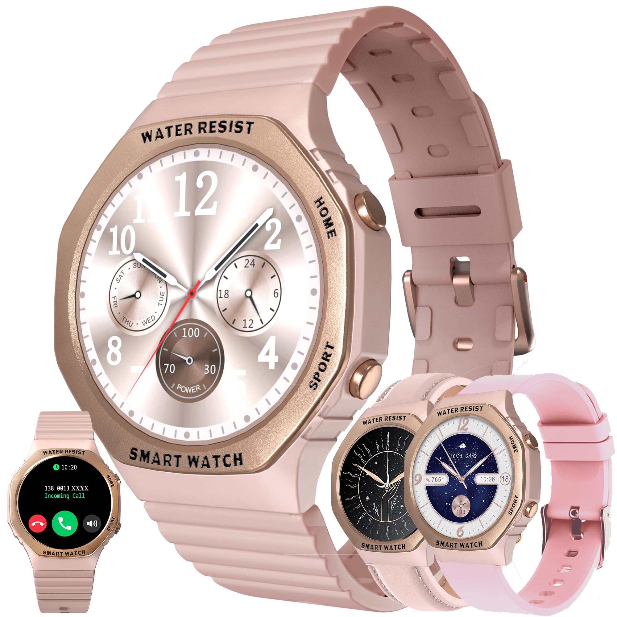 ZPIMY Women's Smart Watch with Bluetooth Call, 1.32 Inch AMOLED 5ATM Waterproof Smartwatch, Feminine Health Tracker, Heart Rate Activity Tracker, Sleep, SpO2, Smart Watch for iOS Android (Gold)