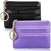 2Pcs Small Coin Purse for Women,PU Leather Change Purse for Coins with Keychain,Card Holder Wallet for Women and Men Gifts (Black,Purple)