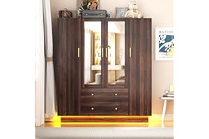 chartustriable Armoire Wardrobe Closet with Mirror, 4 Door Armoire with Drawers and LED Light, Large Wooden Wardrobe Storage Cabinet with Hanging Rod & Adjustable Shelves, Brown
