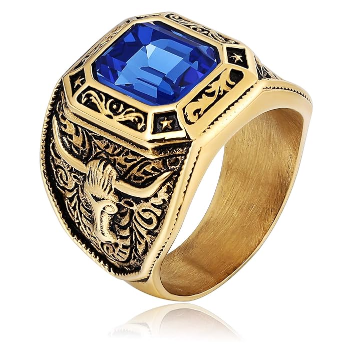 Bishilin Edelstahl Männer Ring Edelstahlring Bullenkopf Rot/Blau/Grün Rechteck Zirkonia Strass Gothic Herrenring Silber/Gold 