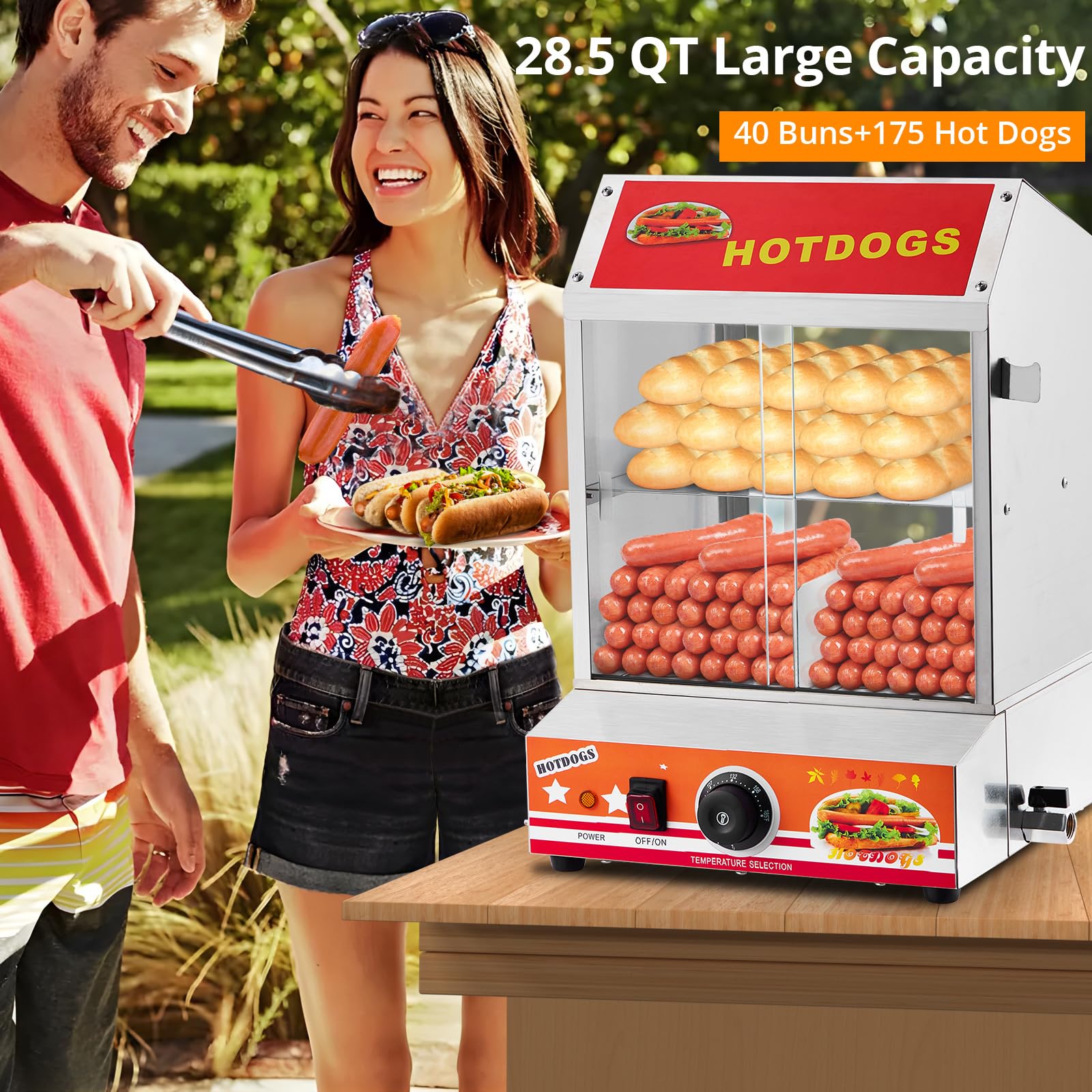ACONEE Hot Dog Steamer, 2-Tier Hot Dog Steamer with Bun Warmer Adjustable Temperature, 28.5 QT Electric Bun Warmer Cooker Glass Sliding Door Partition, Stainless Steel, Steaming 175 Hot Dogs & 40 Buns