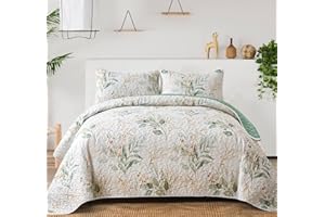 ANIBEDDING Floral Quilt Full Size Green Botanical Full Quilt 3 Pieces,Reversible Soft Full Quilt Bedding Set for All-Season(90"x78")